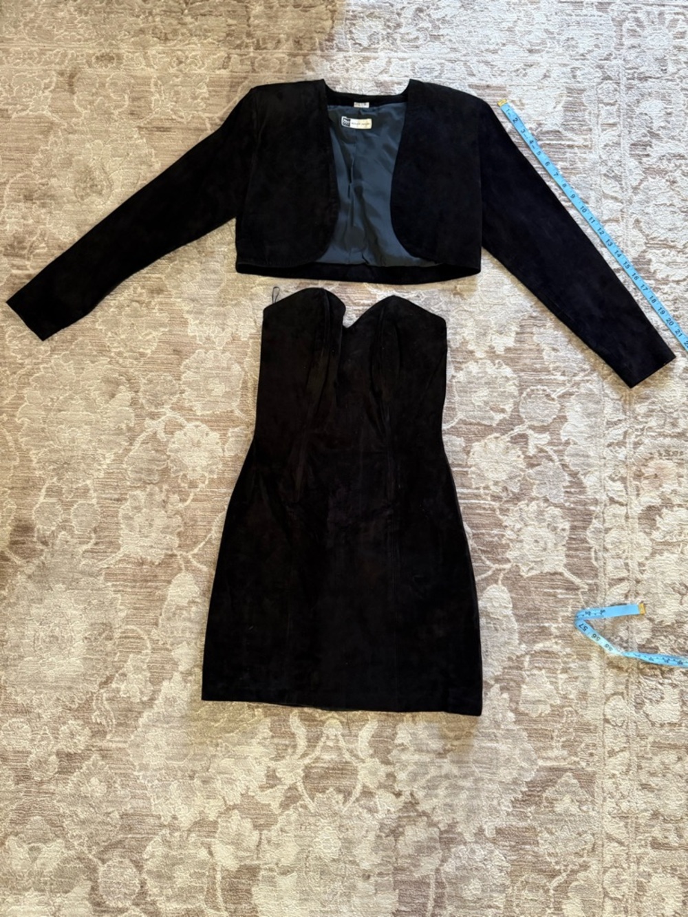 Morgan Taylor Black Suede Strapless Mini Dress with Matching Cropped Jacket